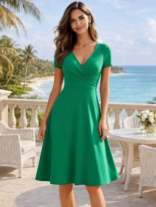 Damen-Kleid, elegant, Rundhalsausschnitt, Sommer, kurzärmelig, einfarbig, A-Linie, knielang, Kleid mit hoher Taille, für Party, Hochzeit, lässiger Abgang — image 7