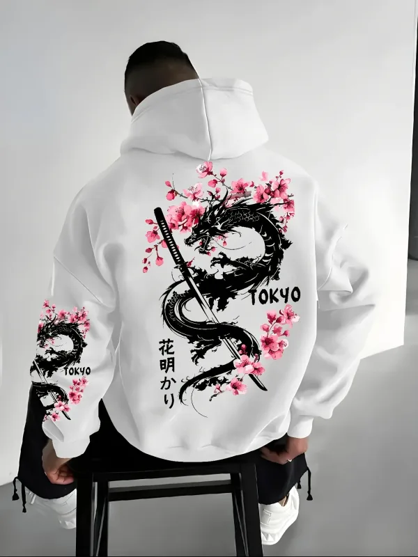 Herren-Kapuzenpullover im Anime-Stil mit Drachenmuster und Kirschblüten-Print für Winterwärme, lockeren und lässigen Stil