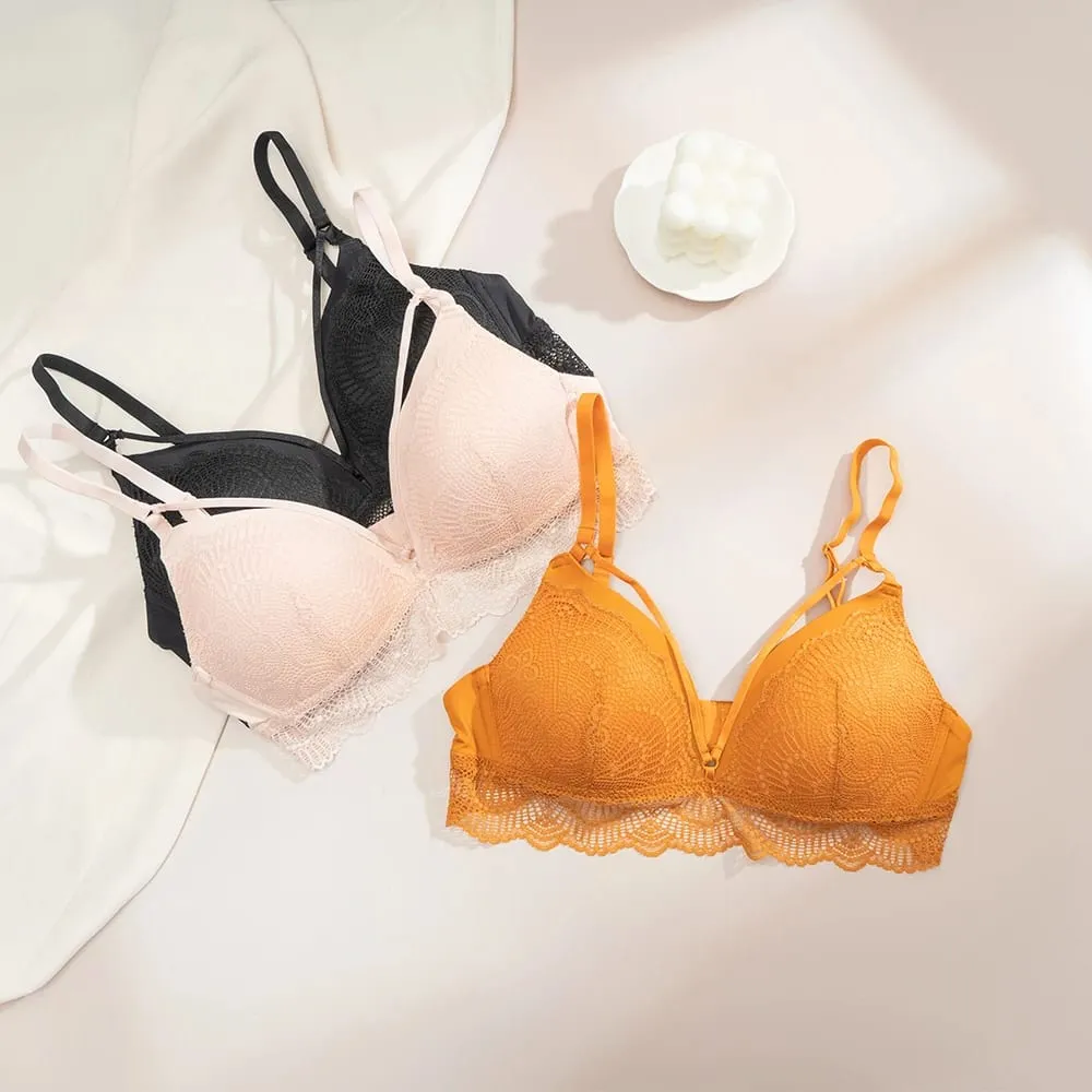 Slip reggiseno in pizzo senza fili da donna Set spalline sottili regolabili Abito intimo quotidiano traspirante e morbido 3 colori disponibili — image 1
