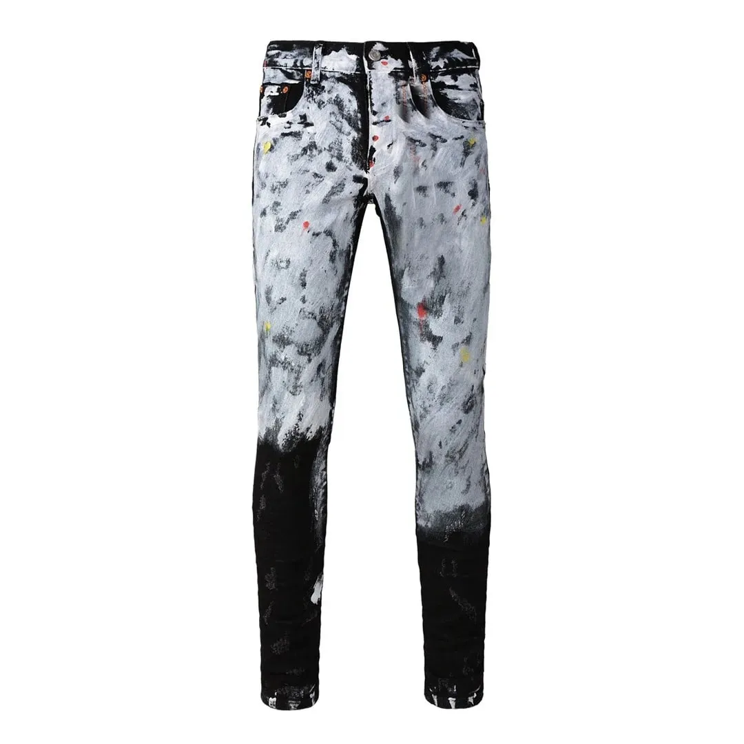 Pantaloni da uomo High Street Jeans American Distressed Nero scuro rivestito bianco elasticizzato con bottoni skinny e pantaloni strappati