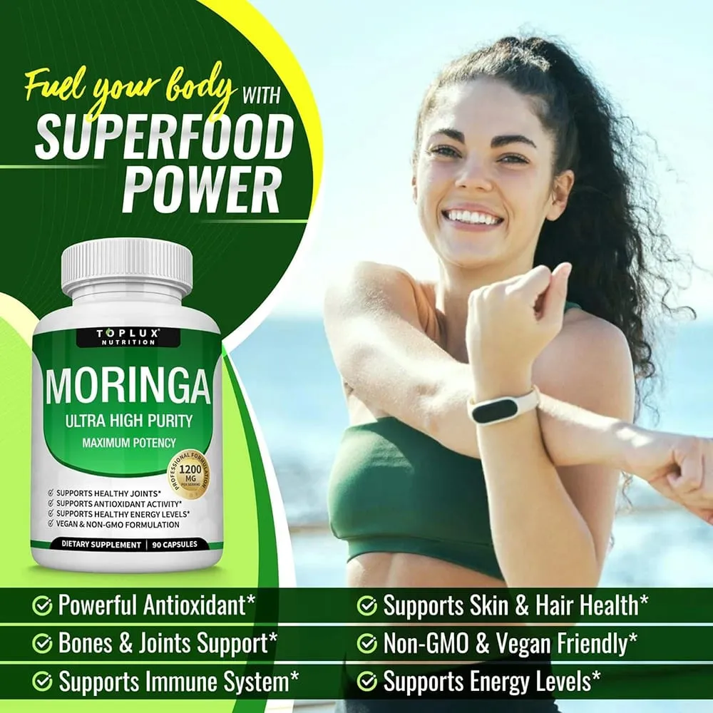 Moringa Capsules 1200mg - Pure Moringa Powder Oleifera Leaf Superfood Rich in Antioxidant Skin Health & Immune Support Vegan — image 2