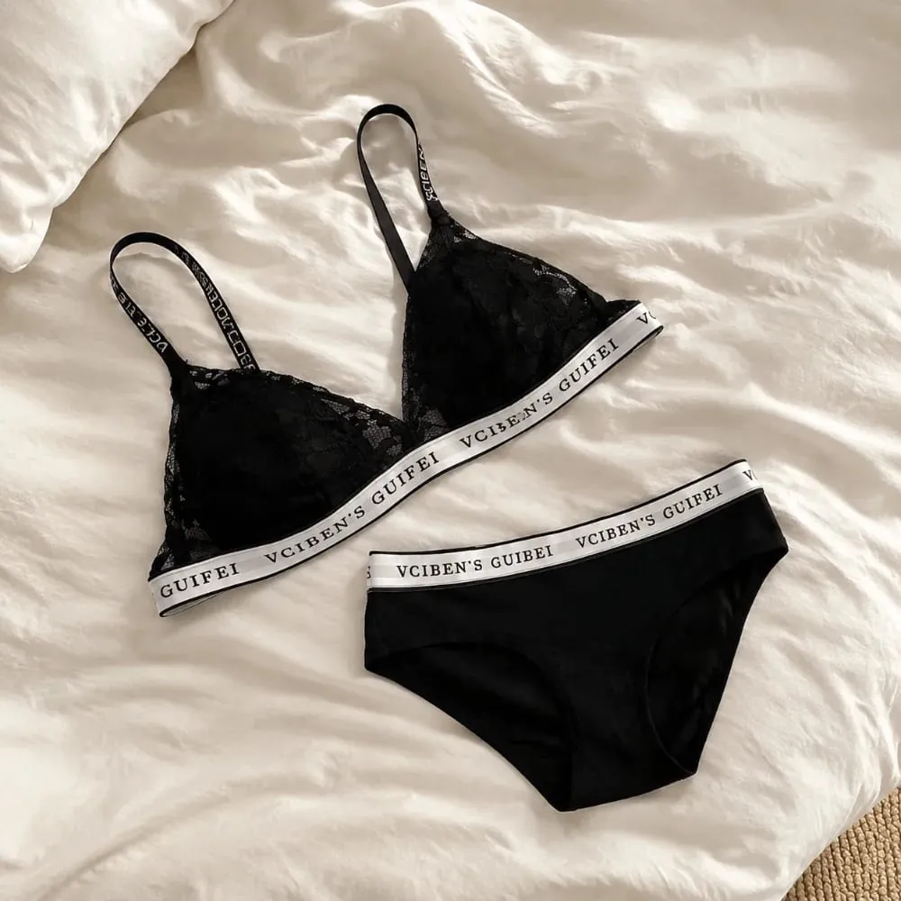 Bequemes Dessous-Set mit Buchstaben-Design, tiefer V-Spitze, Damen-Unterwäsche-Anzug, kabelloser Farbblock-BH, Höschen-Set, Geschenk — image 2