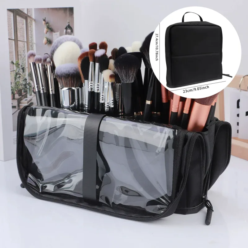 Große schwarze faltbare Make-up-Tasche mit 14–40 Löchern, Aufbewahrungsorganisator für Schönheitspinsel, Kosmetiktasche mit Griffen