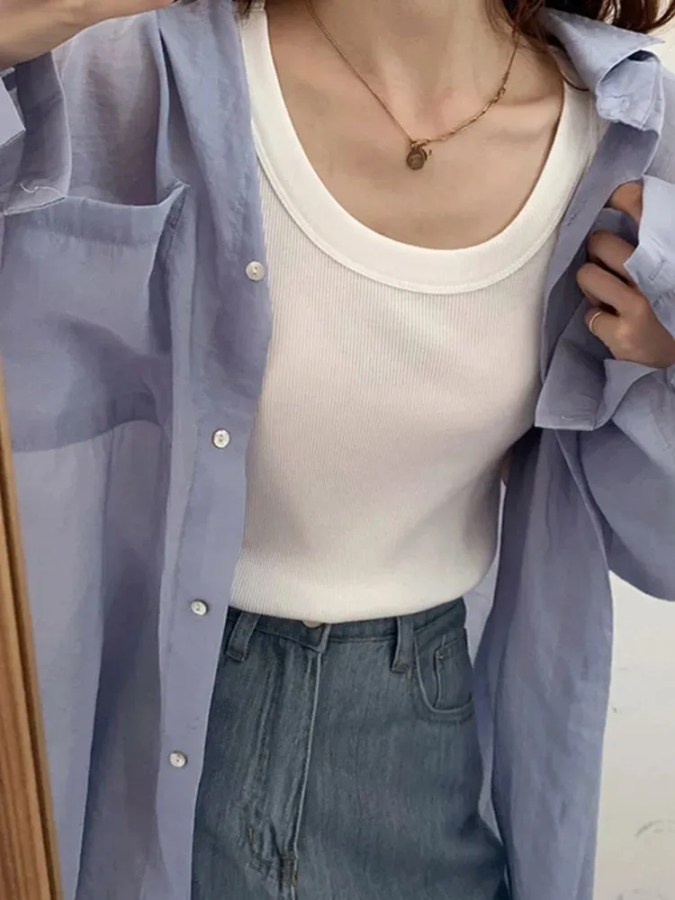 Tank Top Warna Polos Rajutan Musim Panas Kamisol Ramping Putih Kaus Kamisol Dasar Wanita — image 5
