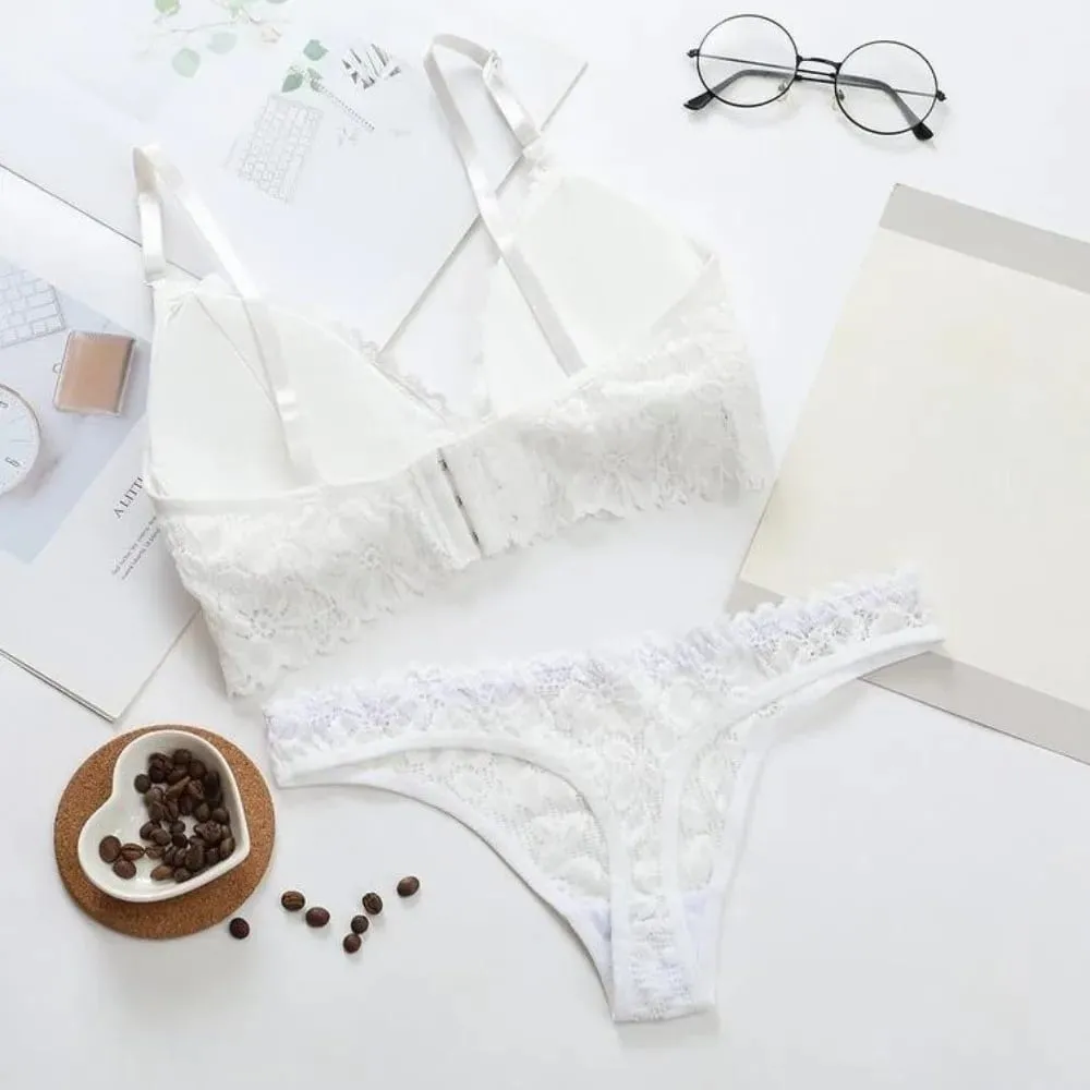V คอลูกไม้ดอกไม้ Bra ชุดทองสีทึบดอกไม้กางเกง Bra ชุดชุดชั้นใน T-Back ชุดชั้นในลูกไม้ของขวัญวันวาเลนไทน์ — image 5
