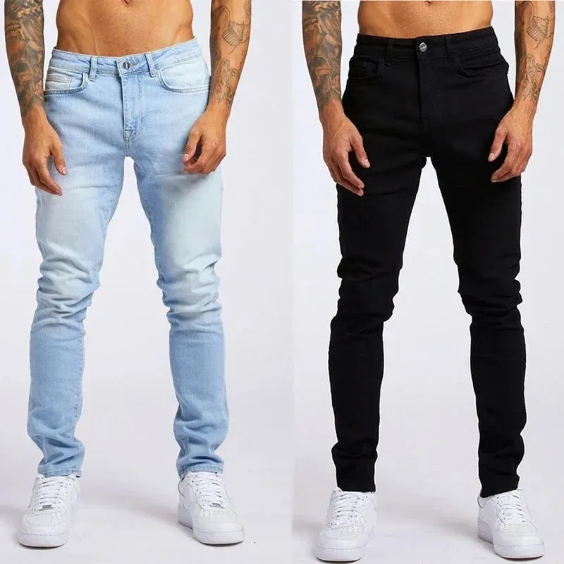 กางเกงยีนส์บุรุษยืดหยุ่นผอมสีทึบยืดกางเกงดินสอ SLIM FIT DENIM กางเกงยีนส์ Jogging Streetwear คาวบอยกางเกงลำลองสีดำ — image 2