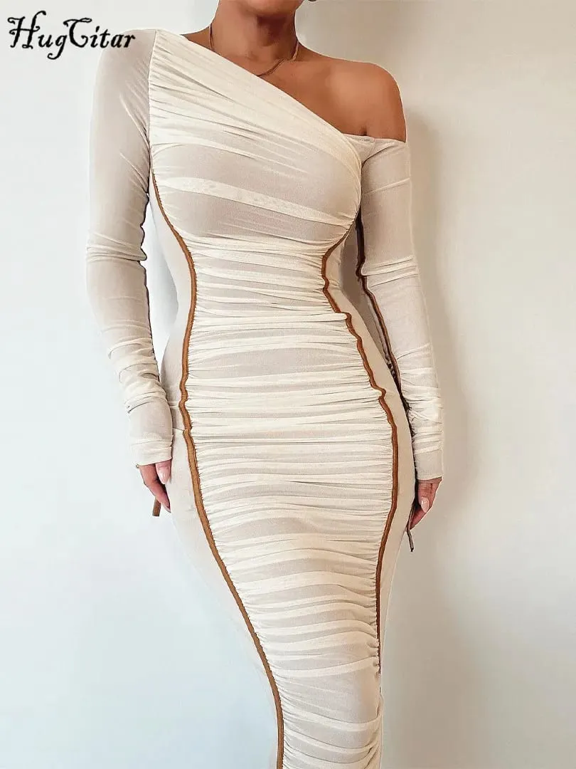 Gaun Maxi Bodycon Tembus Pandang Seksi Terbungkus Lengan Panjang Kerah Diagonal Solid Jaring Hugcitar Pakaian Fashion Musim Panas Klub Festival — image 2
