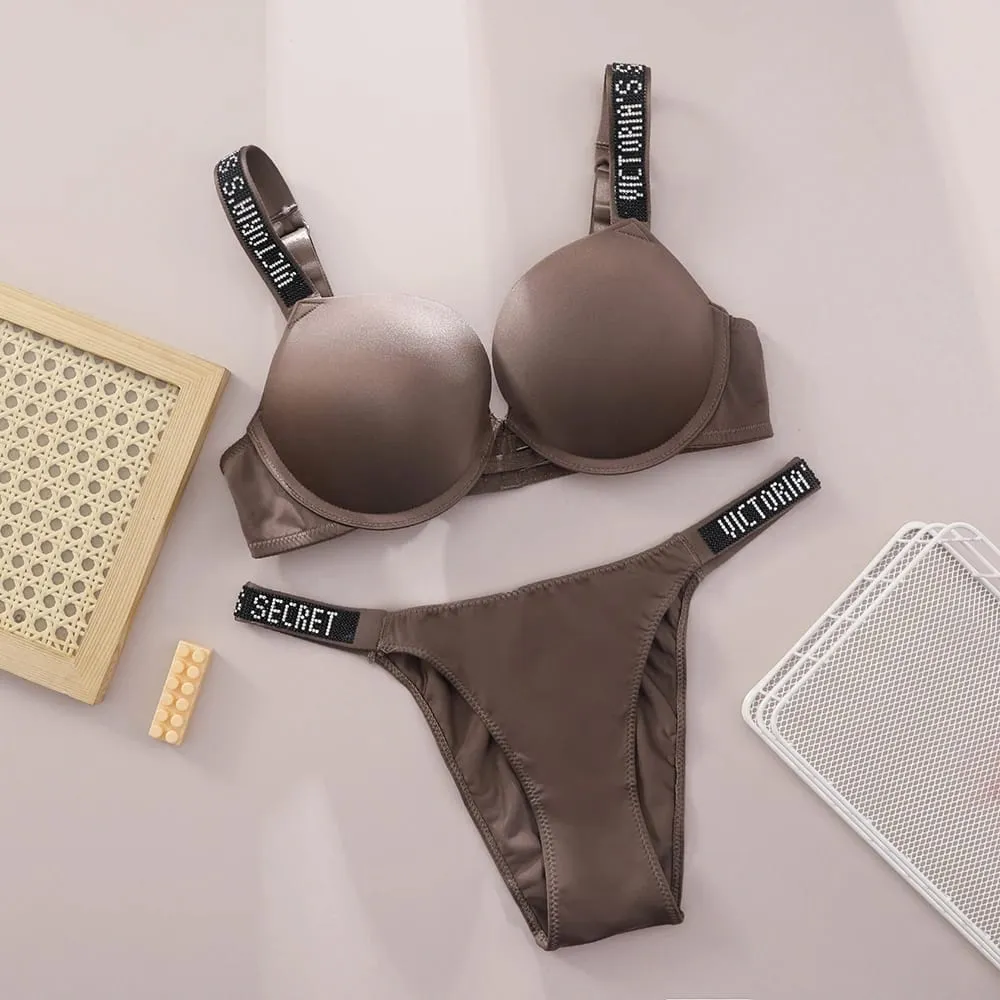 Victoria Secret Shine Script Perizoma Mutandine Molto sexy Logo Shine Strap Reggiseno push up Set Lingerie sexy da donna Hot — image 5