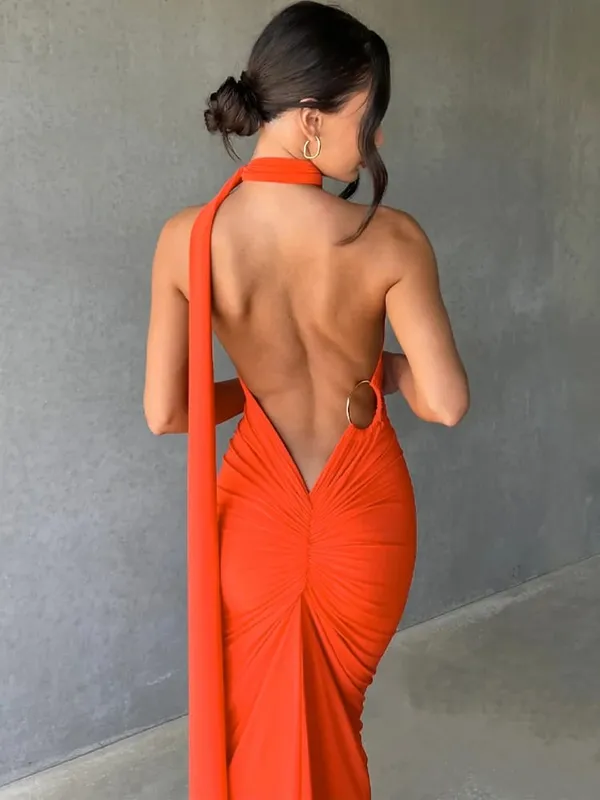 Hugcitar Satu Bahu Tanpa Belakang Selendang Boleh Laras Gelung Gaun Maxi Seksi Ruched 2025 Wanita Elegan Y2K Streetwear Festival Pakaian — image 19