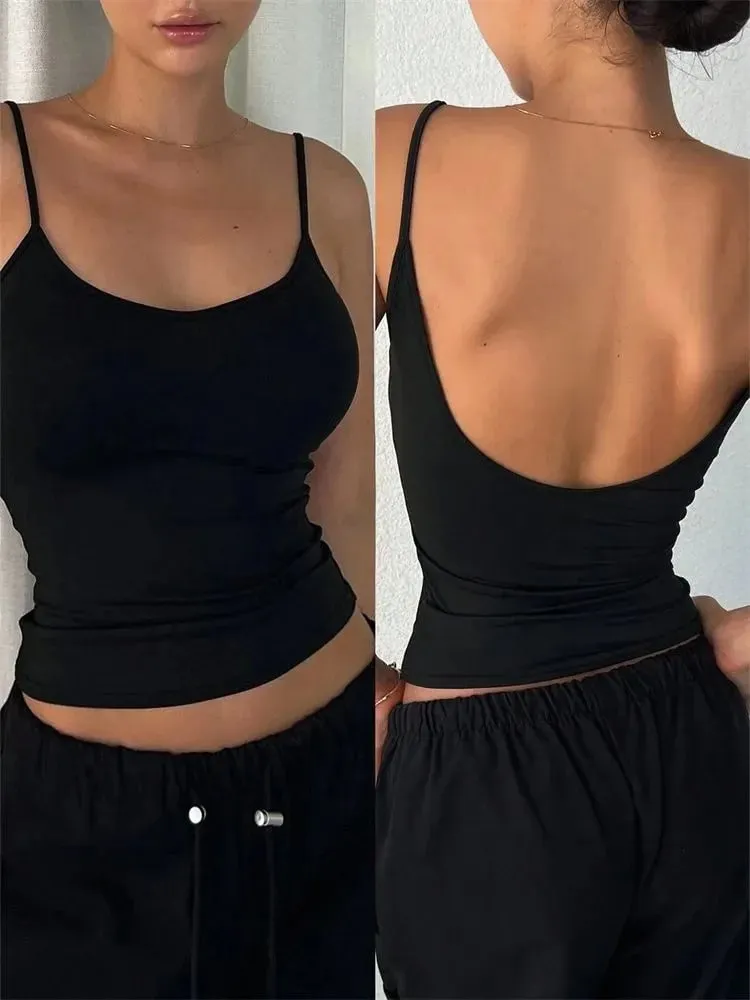 Women Backless Cami Crop Top Summer Solid Color Casual Sleeveless Top Streetwear Y2K Clothes