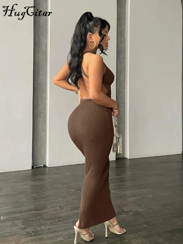 Hugcitar Ribbed Solid Hollow Out Tanpa Belakang Tanpa Lengan Seksi Celah Pakaian Mini Bodycon 2025 Musim Bunga Pakaian Wanita Pesta Elegan Y2K — image 3