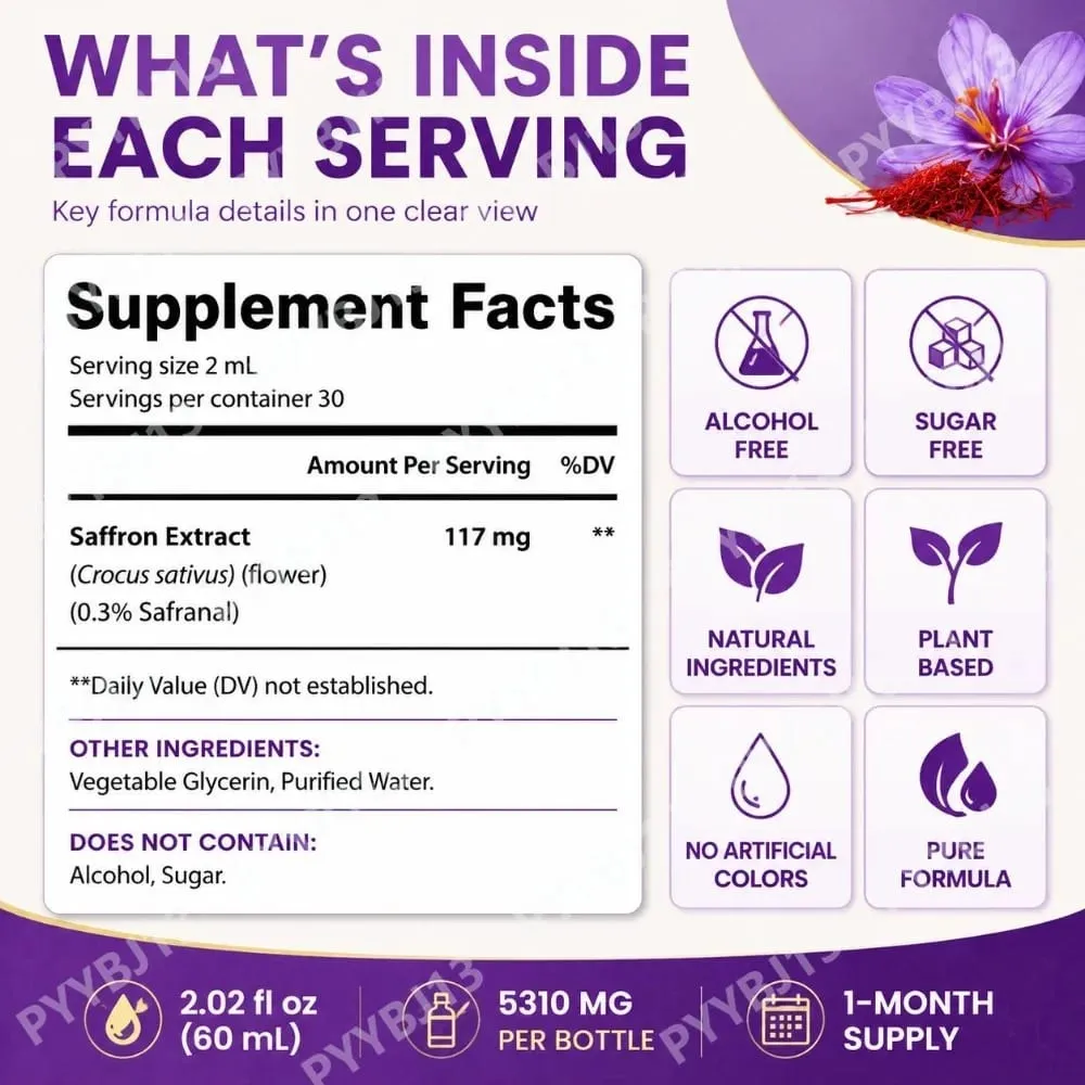 Saffron Extract Liquid Drops 117mg bawat Serving para sa Antioxidant Balanced Mood Healthy Sleep & Premenstrual Comfort Support 60ML — image 3