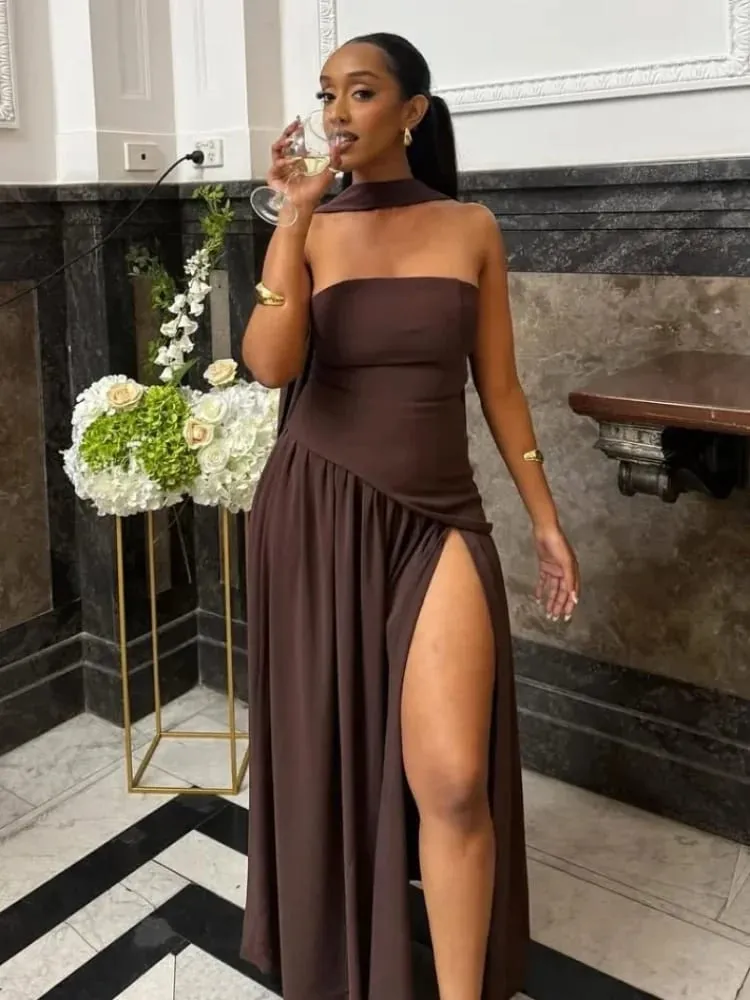 Botergeel Mesh Splicing Lange Jurk Elegante Strapless Split Backless Geplooide Jurken Voor Vrouwen 2026 Lady Avondfeest Jurken — image 5
