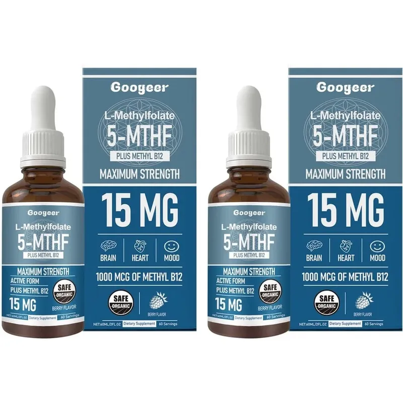 Googeer L-metilfolato 5-MTHF gocce liquide con metil B12 15 mg 1000 mcg Forza massima Cuore Cervello Supporto per l'umore 60 ml — image 9