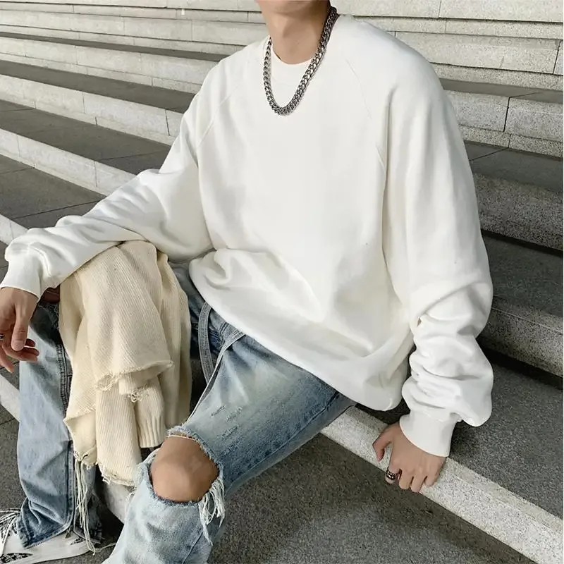 600g Baju Sweat 100% Kapas Bersaiz Besar Lelaki untuk Musim Sejuk Pepejal Beige Lengan Batwing Bulu Heavyweight Leher Krew Hoodies Termal — image 4