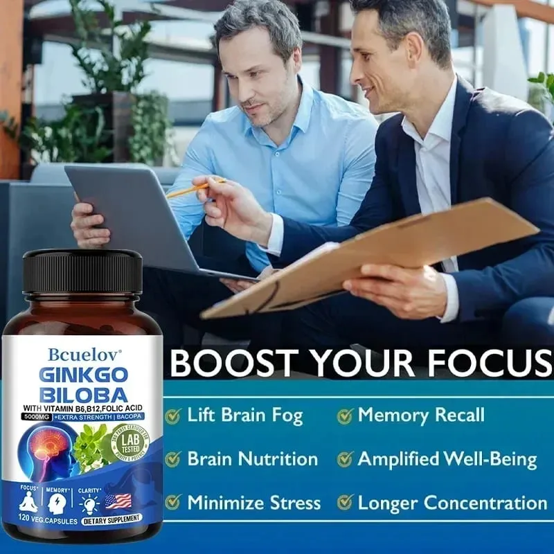 Ginkgo Biloba 5000 mg Extra Fuerte - Apoya la función cerebral y el enfoque de la memoria Alivio del estrés 120 cápsulas vegetales — image 4