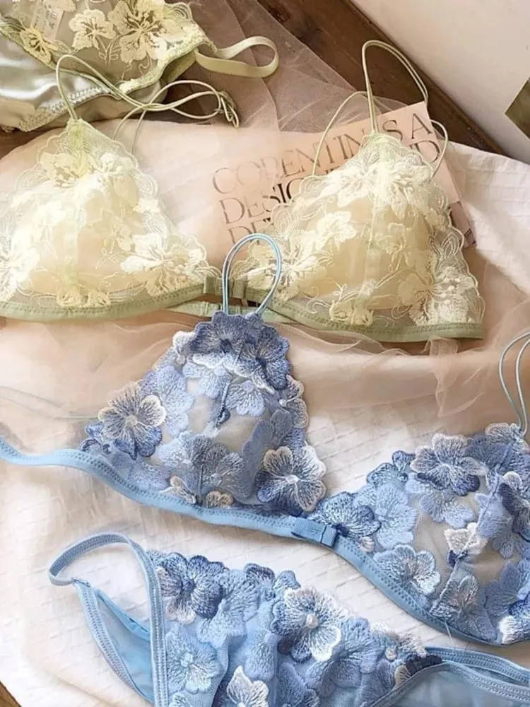 Conjunto de lencería de nicho francés, Bralette con copa triangular de malla bordada, sin aros, encaje Retro, sujetador fino y Sexy cómodo, Tushy MOYISU de EE. UU. — image 4