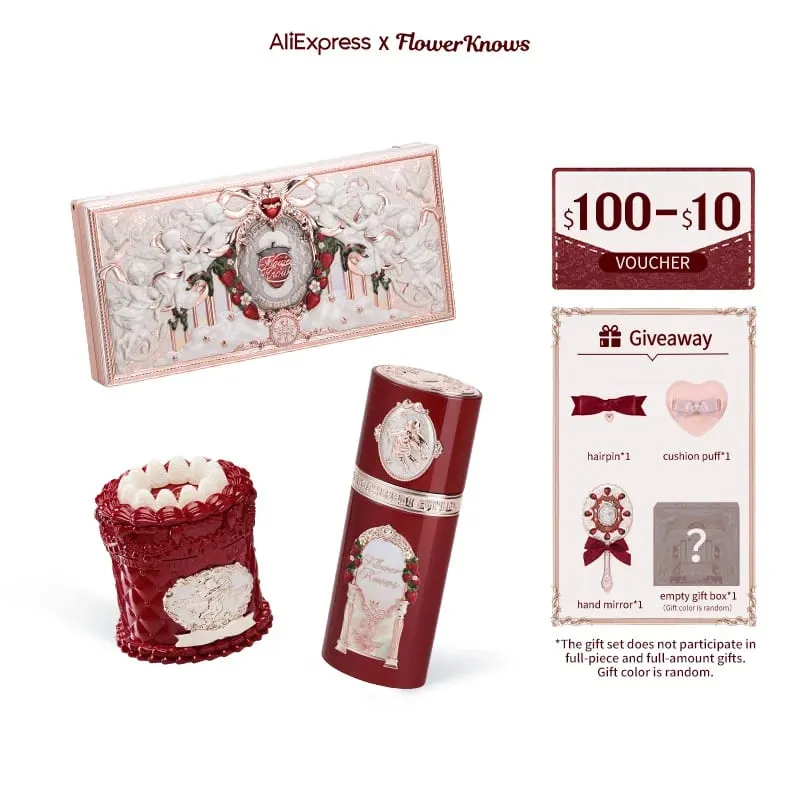 Το σετ δώρου μακιγιάζ Flower Knows Strawberry Cupid Collection περιλαμβάνει παλέτα μακιγιάζ+κρέμα χειλιών κέικ+υγρό ρουζ — image 1