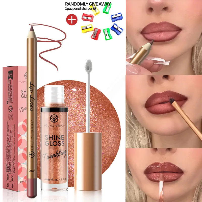 2 PC ชุด Matte Lip Liner และ Starry Glitter ลิปกลอส Pearlescent Fine Shimmer Long-Lasting Hydration ไม่เหนียวเหนอะหนะแต่งหน้า — image 2