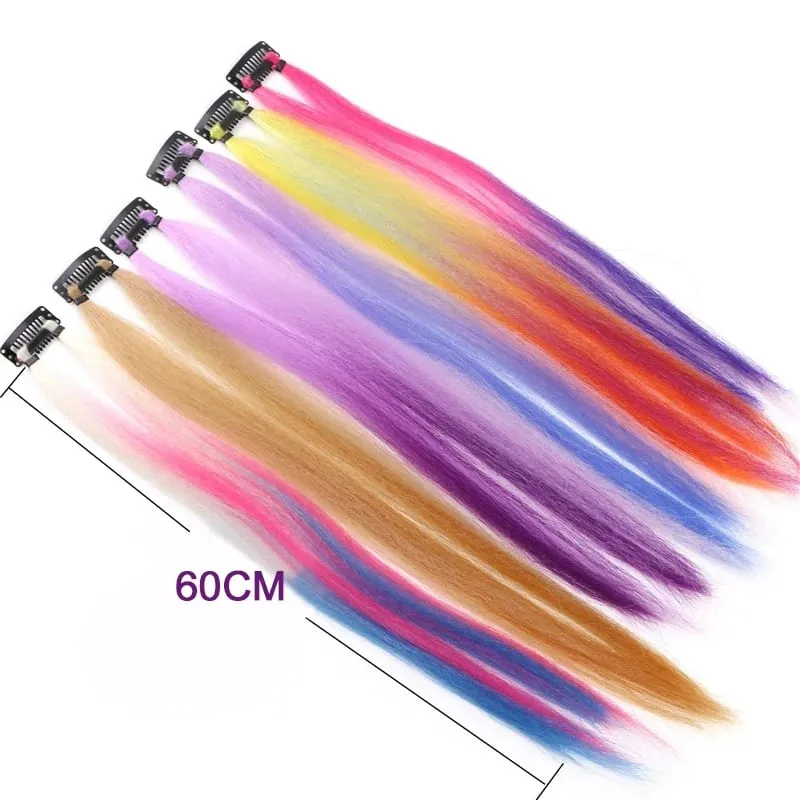 2PCS 60cm Synthetic Long Straight Hair Clips Rainbow Hair Extension Colored Red Green Blue Hairpiece for Women — image 5