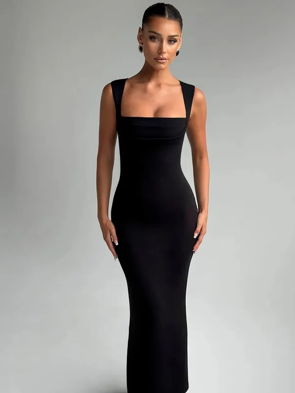 Hugcitar Wanita Elegan Pejal Tali Kolar Persegi Seksi Bodycon Maxi Gaun Prom Musim Panas Wanita Y2K Pakaian Petang Hari Lahir
