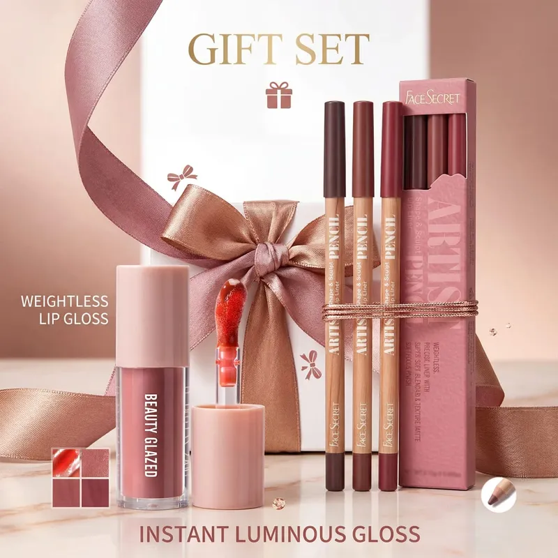 4 Buah Set Lip Liner & Lip Gloss Kit Rias Bibir Harian Halus Tahan Air Tahan Lama Tahan Noda — image 2