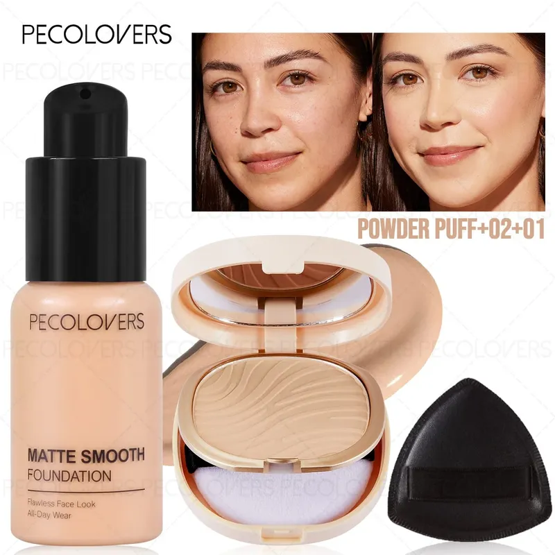 3pcs/Set Foundation Loose Powder Triangle Makeup Kit Full Coverage Liquid Foundation Waterproof Long-Lasting Base Makeup