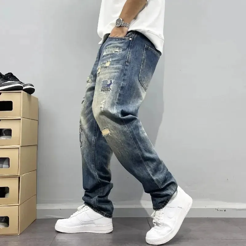 Baggy Jeans Vintage Distressed Patchwork Jeans Herren Gerade Lose High Street Hip-Hop Lange Hosen Herrenbekleidung Jeans für Männer — image 4