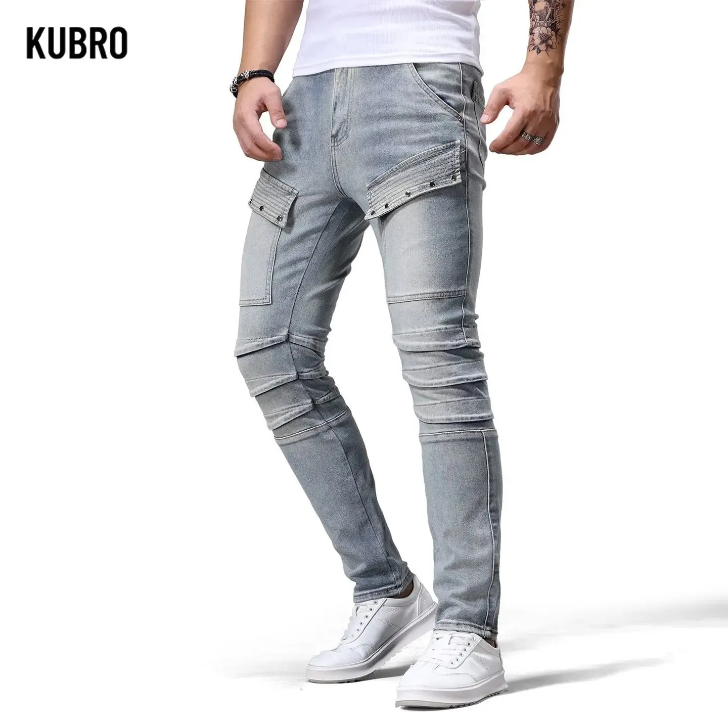 Jeans denim da moto retrò Patchwork di tendenza da uomo Pantaloni lunghi slim fit belli Pantaloni jeans a gamba dritta da bordo moda — image 5