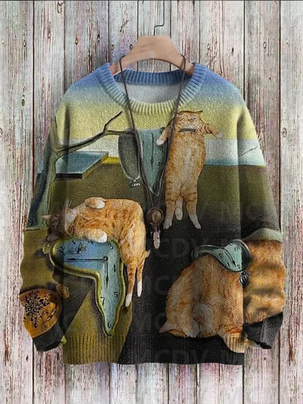 Sweter Pulover Rajut Kasual Gambar Cetak Pola Seni Burung Bunga Kucing Hitam Lucu Sweter Klasik Pulover Pria untuk Wanita — image 6