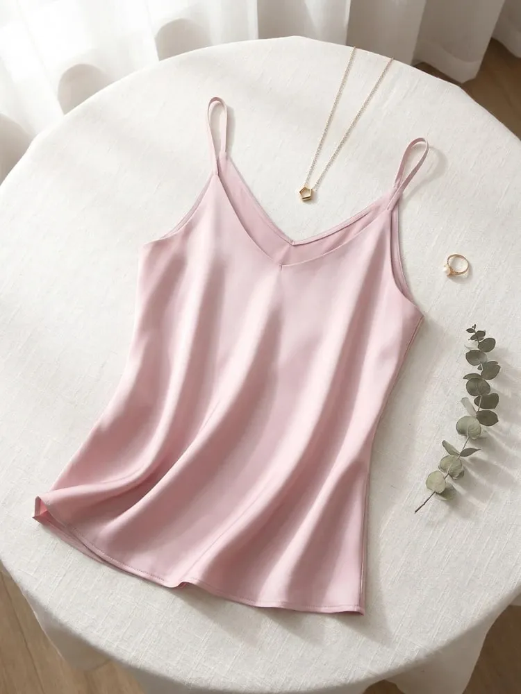 2026 Summer Spaghetti Strap Dame Tank Top Halter V-hals Basic White Cami Ærmeløse satin silkeoverdele Dame Camisole — image 10