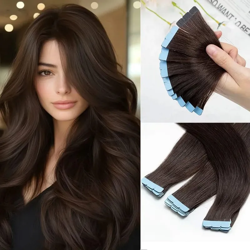 Pita Mini dalam Sambungan Rambut Manusia Sebelah Dua Pita Lancar Tidak Kelihatan dalam Rambut 10pcs/set Asli Lurus Hitam Coklat Berambut perang — image 10