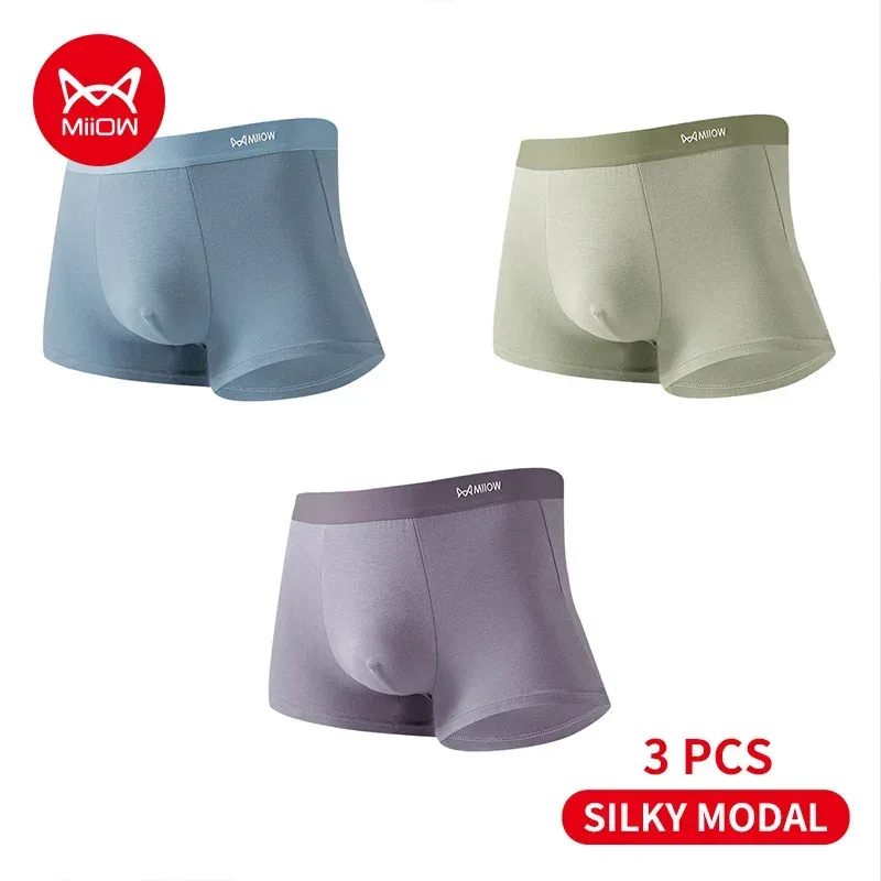 MiiOW 3Pcs Silky Modal Men Underwear Boxers Cotton Soft Touch Underpants Male Lightweight Breathable Boxers Men's Panties Trunks