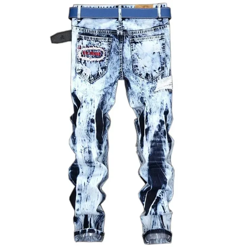 Jean déchiré en Patchwork brodé pour hommes (sans ceinture), pantalon en Denim pour moto, Slim, à la mode, vêtements de styliste pour hommes — image 3