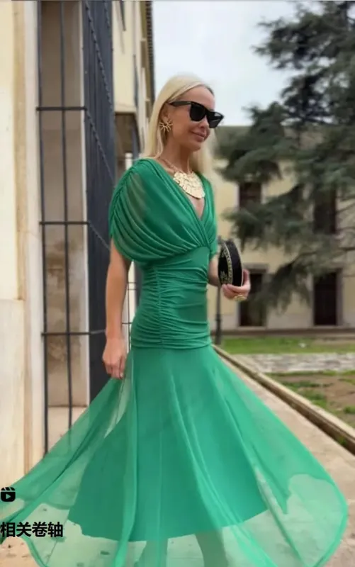 ผู้หญิงลึก V คอตาข่ายยาวชุดพัฟแขนสั้น Ruched เอวสูง Vestidos 2026 ฤดูร้อน Lady Casual street Robe — image 10