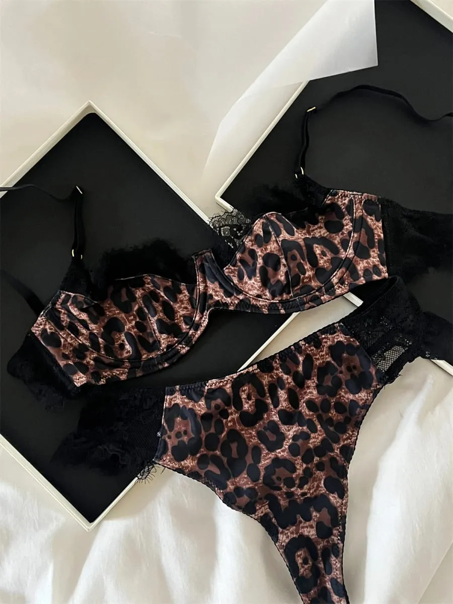 프랑스어 속옷 세트 레오파드 섹시한 강철 반지 레이스 삼각형 컵 브래지어 간략한 정장 빈티지 패션 란제리 Ins Bodycon을 밀어 — image 4