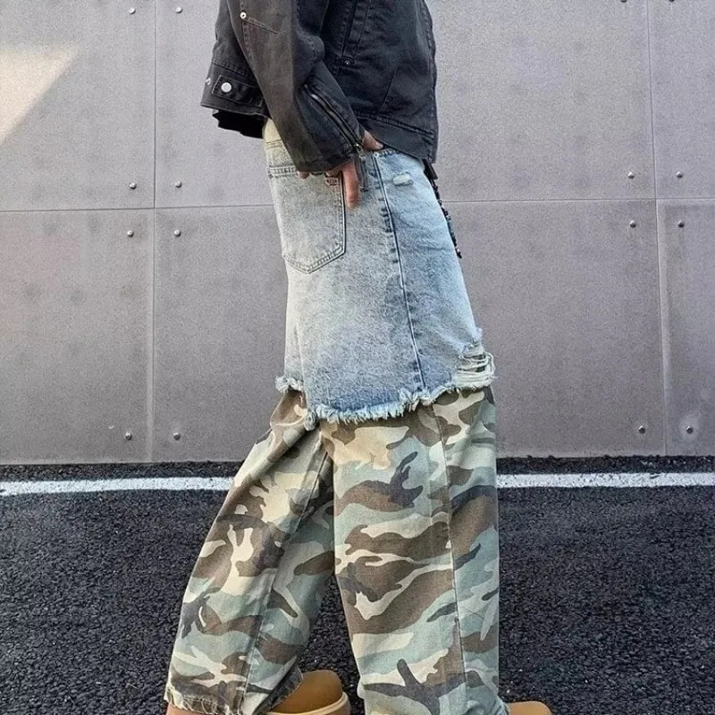 Street Patchwork Ripped Camouflage กางเกงยีนส์ Baggy ปลอม 2 ชิ้นล้างกางเกงยีนส์ Vintage Y2K Camo Cargo Straight Jean Man — image 7
