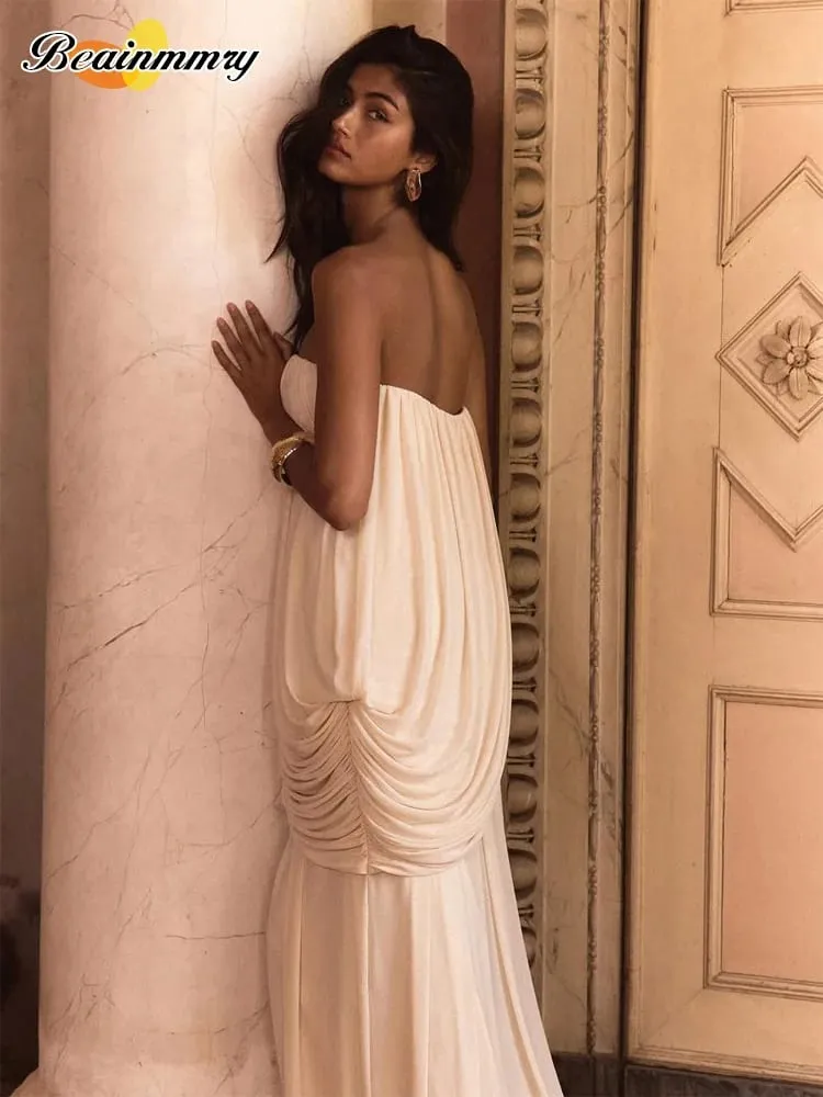 Sexy skládané maxi šaty bez ramínek Dámské elegantní Jednobarevné Bez rukávů Bez záda Volné dlouhé šaty 2026 Letní Dáma Dovolená Plážový outfit