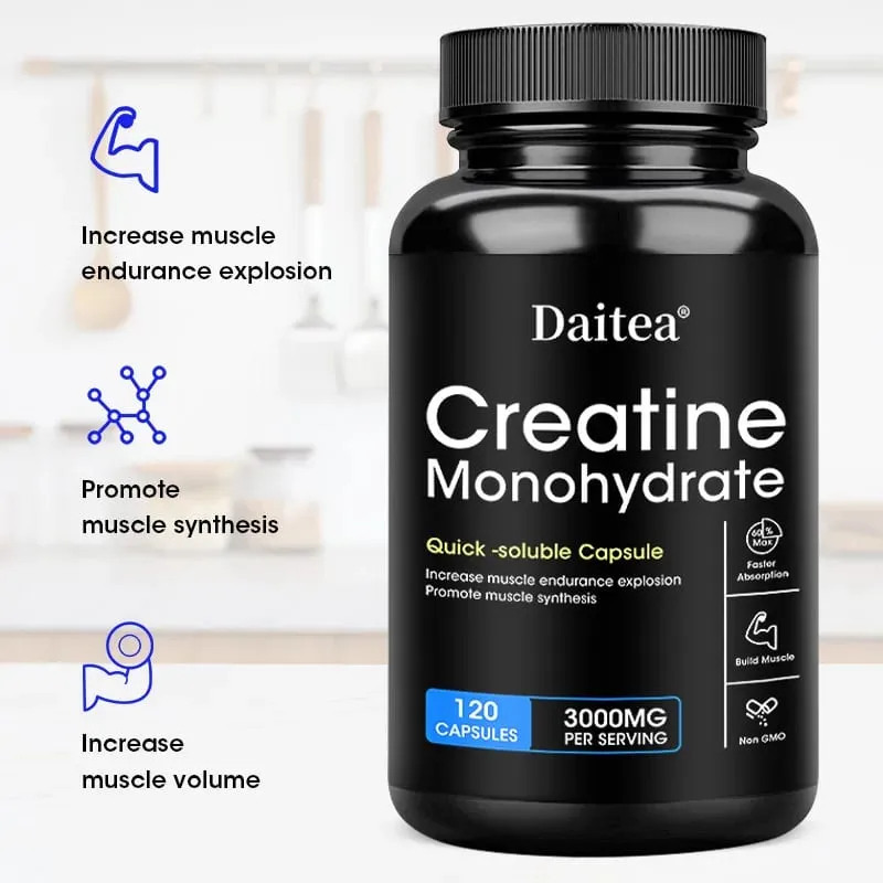 Daitea Creatine Monohydrate 3000 Mg - Strength Muscle Health Supplement for Men and Women Non-GMO and Gluten-Free Capsules