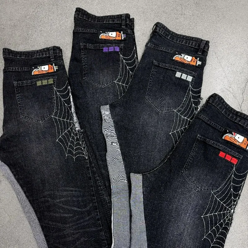 Y2k Hate Society Flared Jeans Muži Retro Spider Web výšivka Vyprané džíny American Hip Hop Streetwear Unisex Bootcut Jeans — image 3