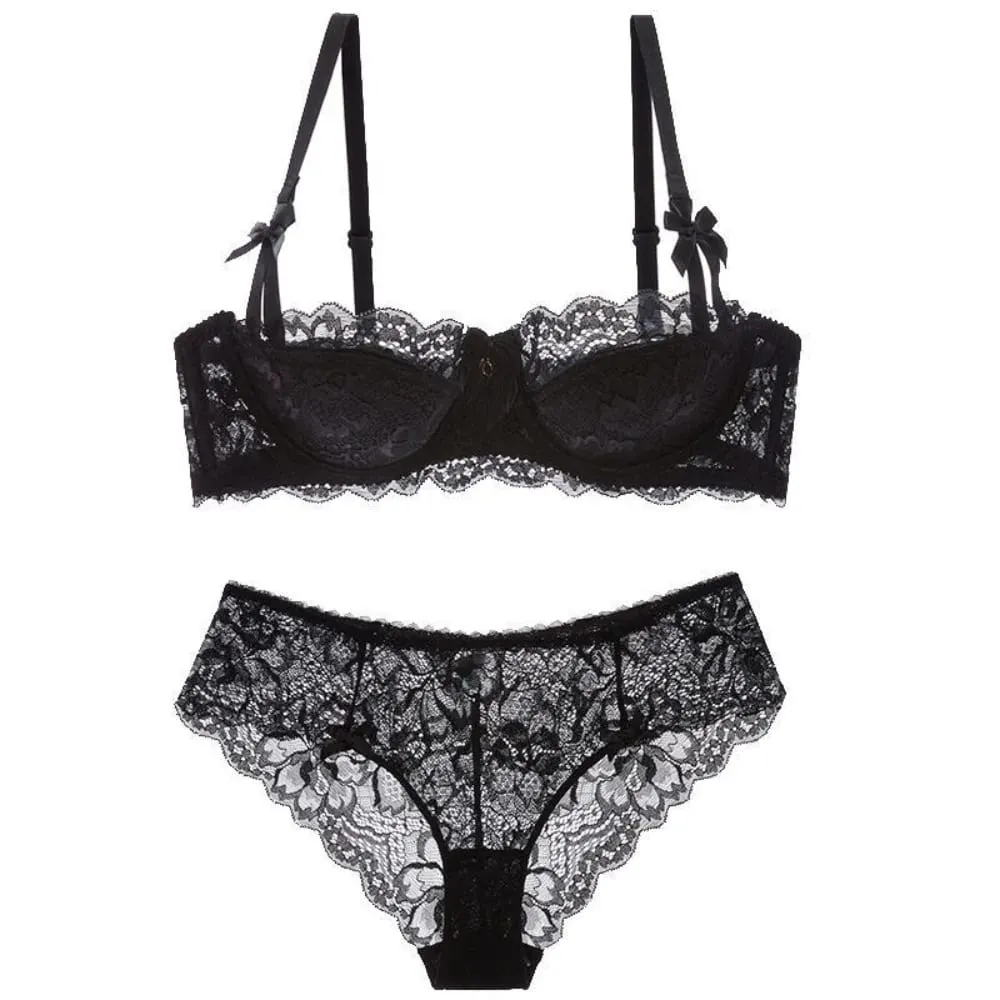 Franse Kant Half Cup Bh Set Strik Schouderriem Dunne Grote Buste Minimizer Pure Desire Lingerie Voor Tienermeisjes Dagelijkse Outfit — image 6