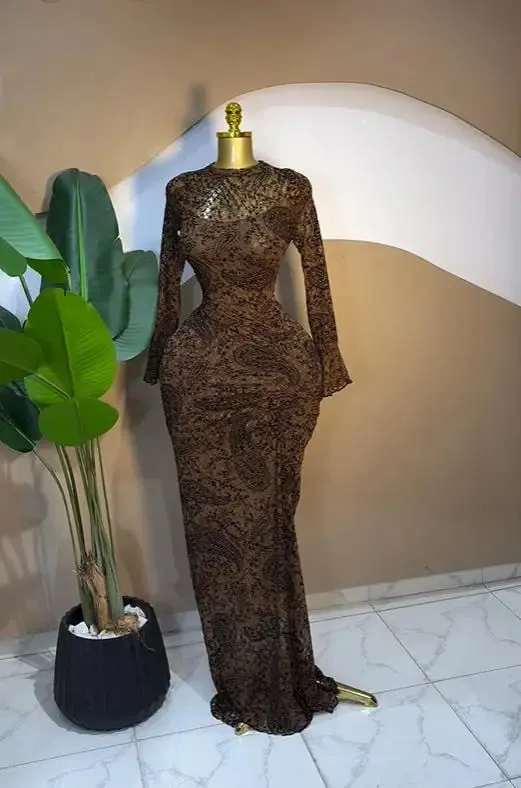 CM.YAYA 2025 Maglia a maniche lunghe increspata da donna Vedi anche se con fodera aderente Abito lungo Autunno sera Compleanno Abiti da festa sexy — image 6