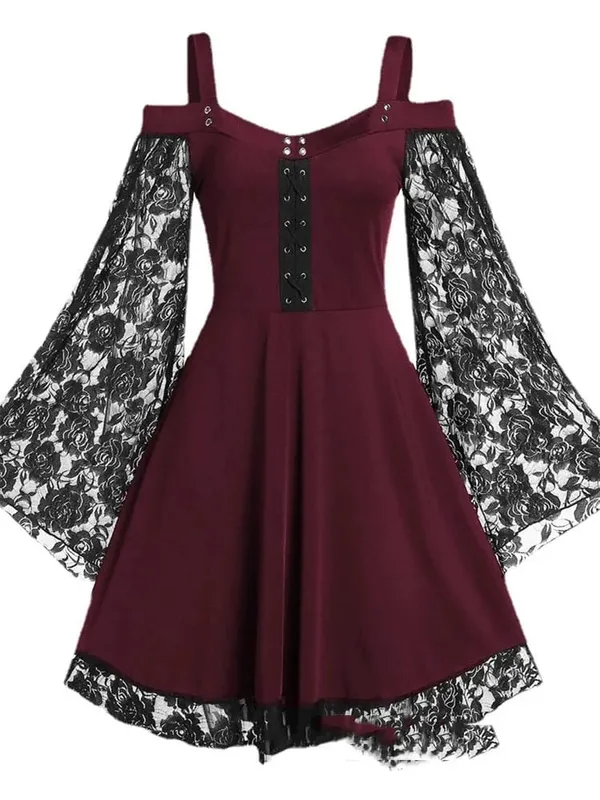 2022 New Gothic One-shoulder Lace Stitching Flared Sleeve Dress Literary Vintage Autumn Grunge Black A-line Dress Punk Partywear — image 7