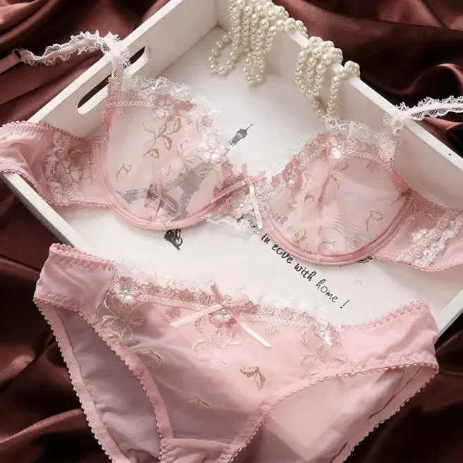 Ensemble de soutien-gorge non doublé de style Français | Demi-tasse minimiseur en dentelle pour grande taille de bonnet, sans rembourrage, fine, transparente, Anti-affaissement, Lingerie BANERDANNI — image 9