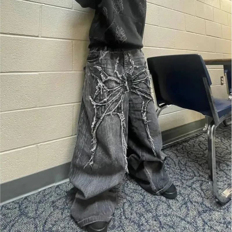 Y2K Retro Oversized Baggy Unisex Mopping Pants Phantom Jeans Men High Street Spider Embroidered Patch Hip Hop Streetwear Gothic