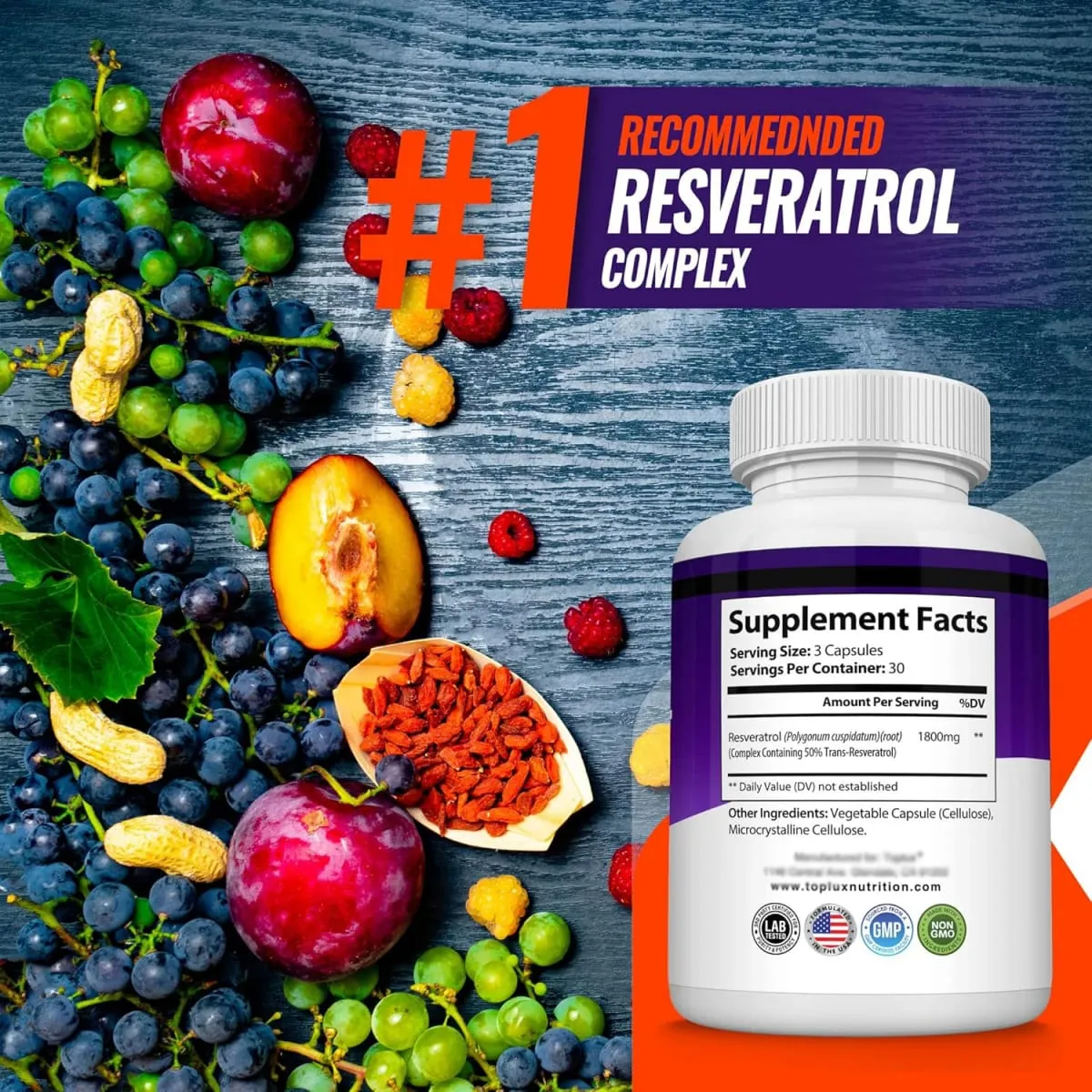 Complexo de Resveratrol - Suplemento de Resveratrol Trans com Semente de Uva - Promove o envelhecimento saudável, função cerebral do sistema imunológico 90 comprimidos — image 7