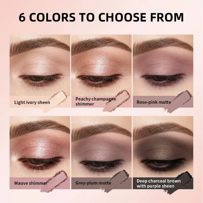 Pembayang Mata Bogel Matte Shimmer & Palet Serbuk Pemerah Pisau 6 Tone Tahan Lama Kit Solekan Mata Boleh Dicampurkan Tahan Lama dengan Berus Aplikator — image 4