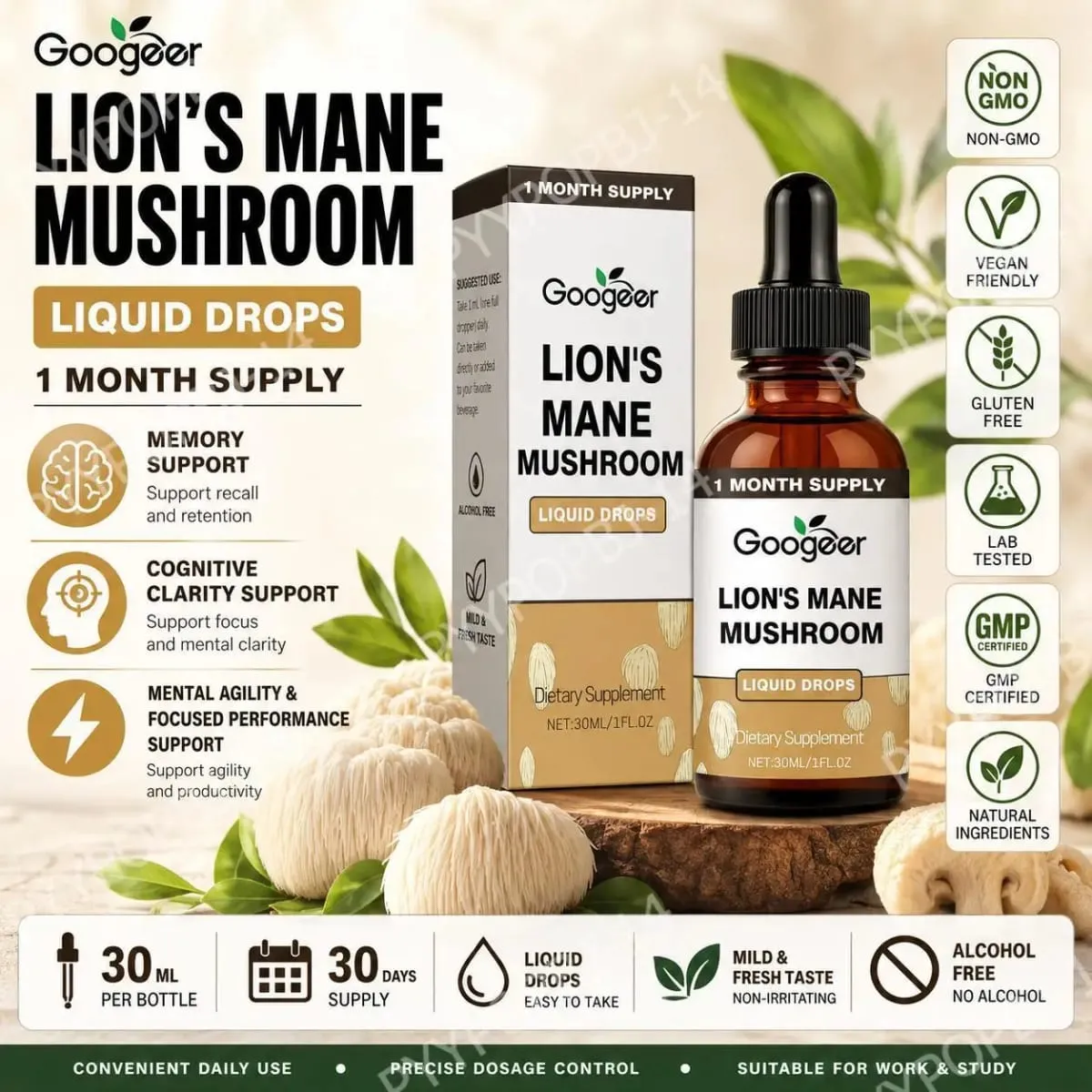 Googeer Lion's Mane Mushroom Liquid หยดหน่วยความจำและการสนับสนุนโฟกัสเพื่อความชัดเจนทางปัญญา ความคล่องตัวทางจิต ปราศจากแอลกอฮอล์ 30 ML — image 1