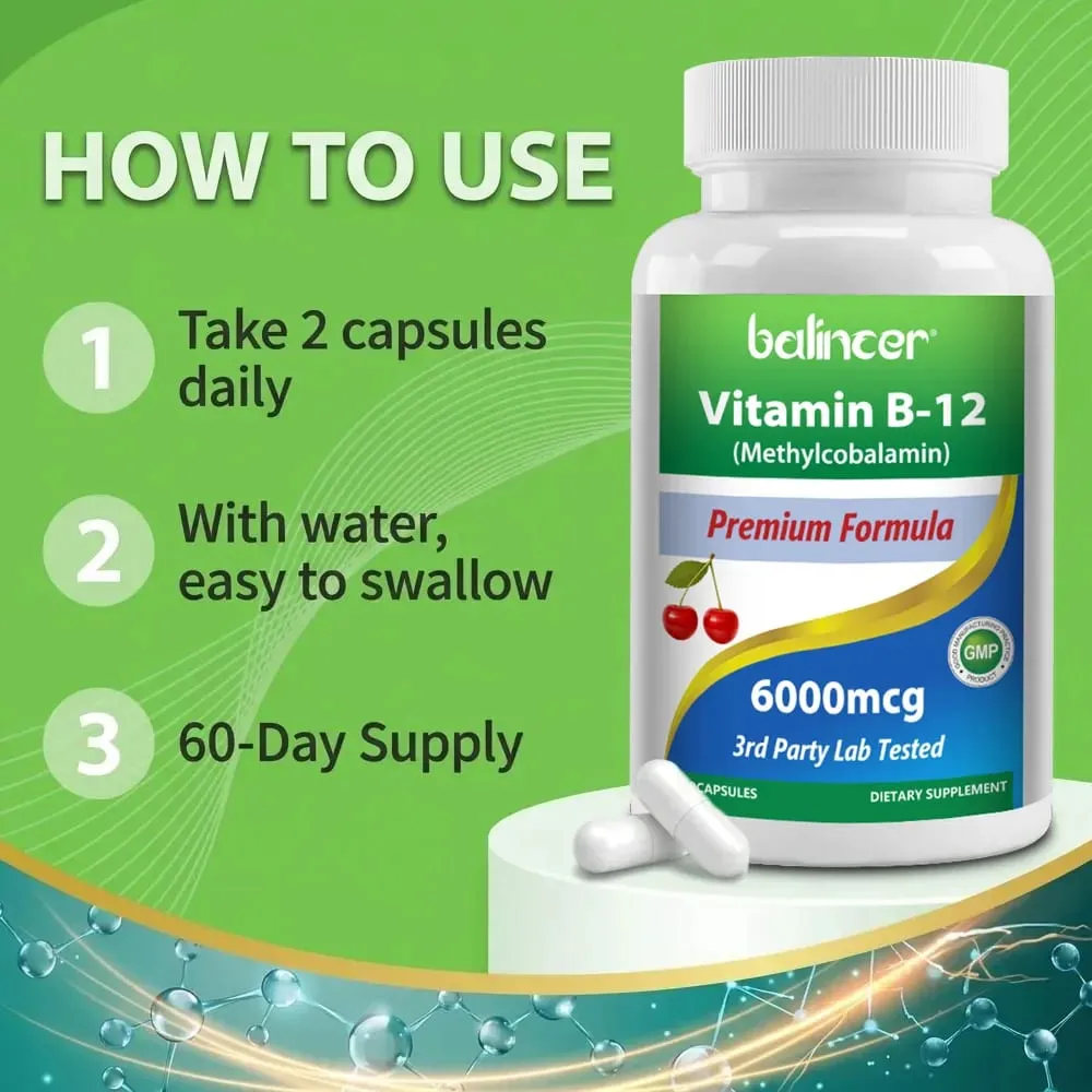 Doplněk vitamínu B12 6000 mcg - Energie Mozek Paměť Nálada Funkce srdce Podpora nervového a imunitního systému 30/60/120 tobolek — image 6