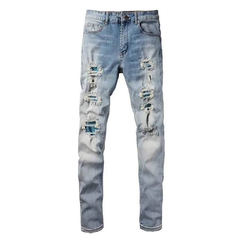 Jeans Denim Patch Kristal Lelaki Streetwear Seluar Stretch Patchwork Biru Koyak Seluar Tirus Kurus Bermasalah — image 5
